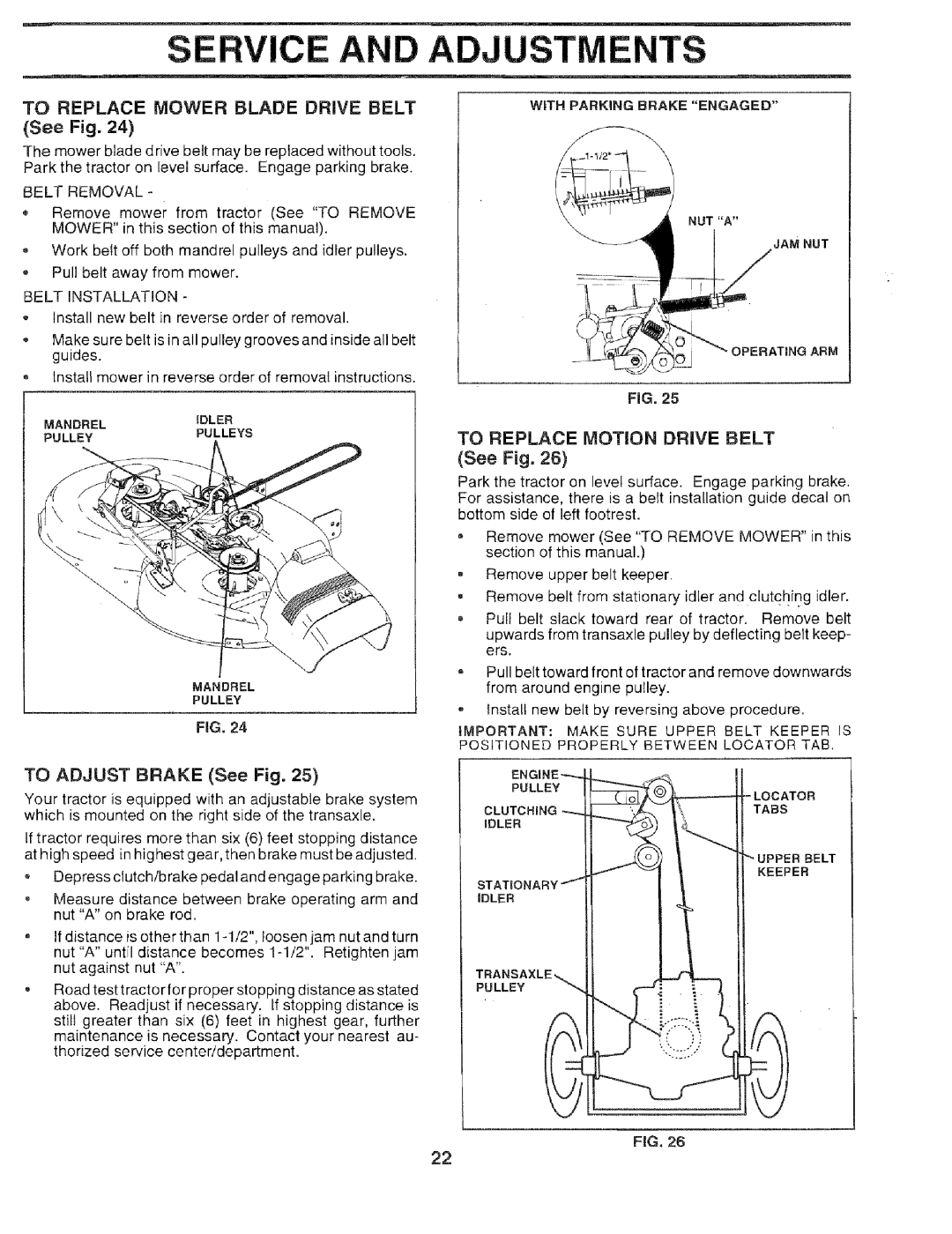 Sears 917.259567 owner manual Ervice And Adjustments, Replace Mower, Blade, Drive Belt, TO ADJUST BRAKE See Fig 