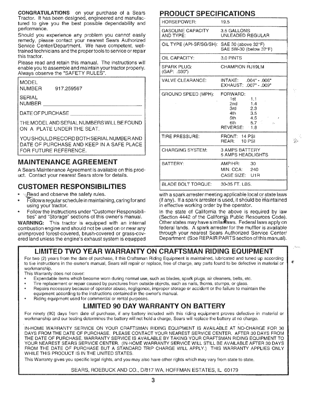 Sears 917.259567 owner manual Maintenance Agreement, Customer Responsibilities, Product Specifications 