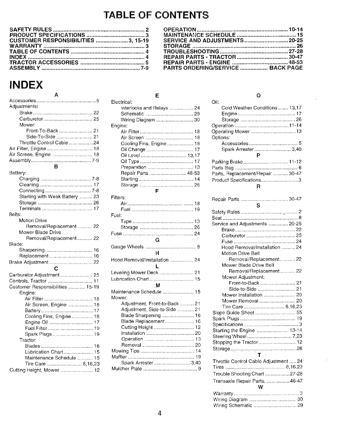 Sears 917.259567 Index, Table, Of Contents, 10-14, Product, Customer, Assembly, Parts Ordering/Serviice, Back Page 