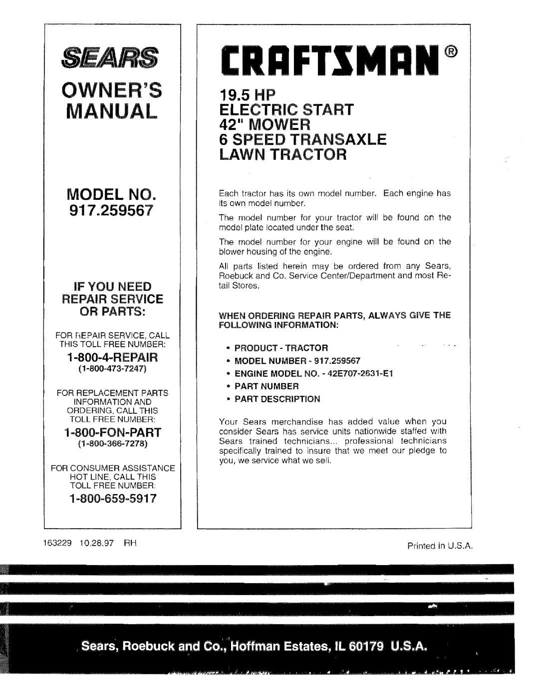 Sears 917.259567 Ers Manual, Model No, 19.5HP, ELECTRIC START 42 MOWER, Speed Transaxle Lawn Tractor, If You Need, Repair 