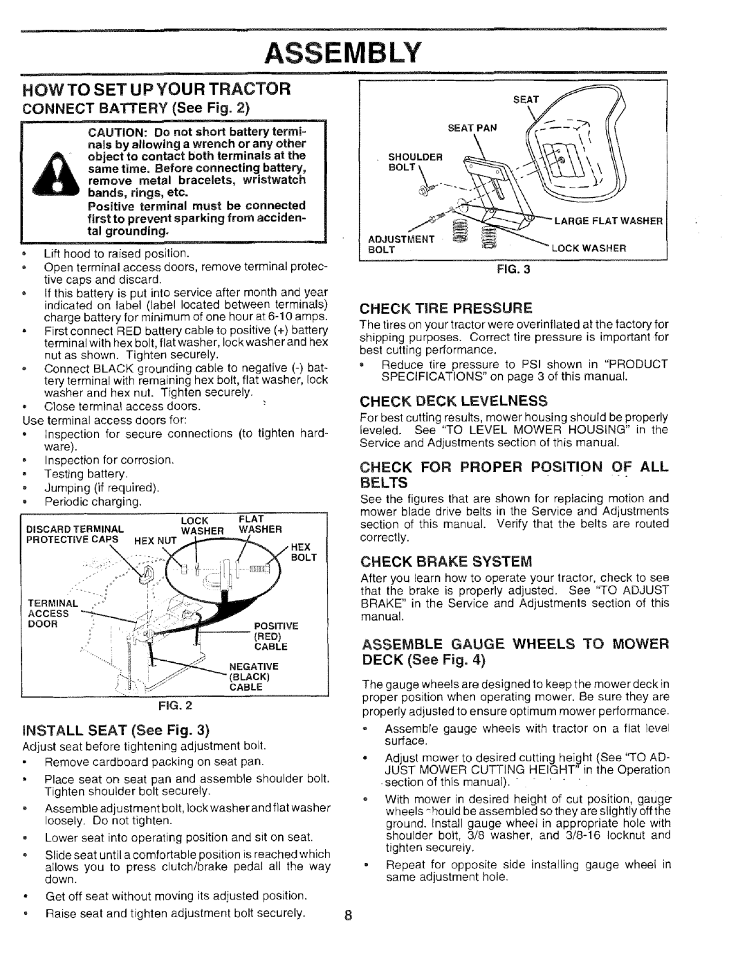 Sears 917.259567 Asse Ly, How To Set Up Your Tractor, CONNECT BATTERY See Fig, INSTALL SEAT See Fig, CHECK TiRE PRESSURE 