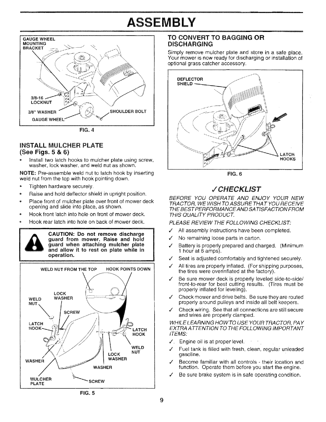 Sears 917.259567 owner manual Checklist, iNSTALL MULCHER PLATE See Figs. 5, To Convert To Bagging Or, Discharging 