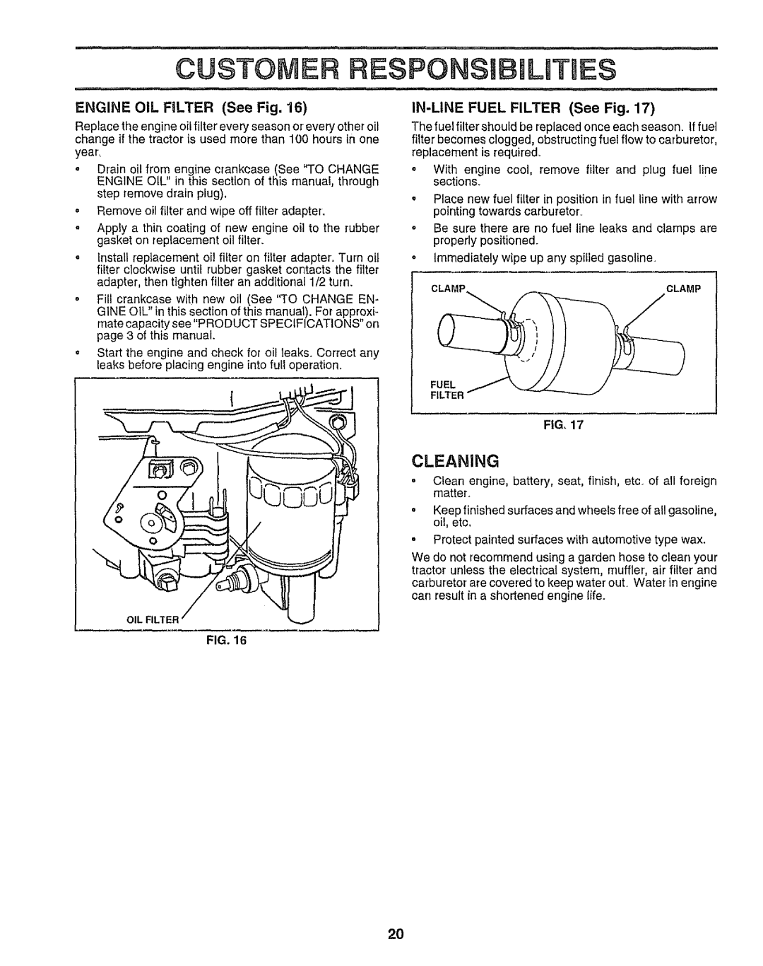 Sears 917.25958 manual Cleaning, Engine OIL Filter See Fig, Year, IN-LINE Fuel Filter See Fig 