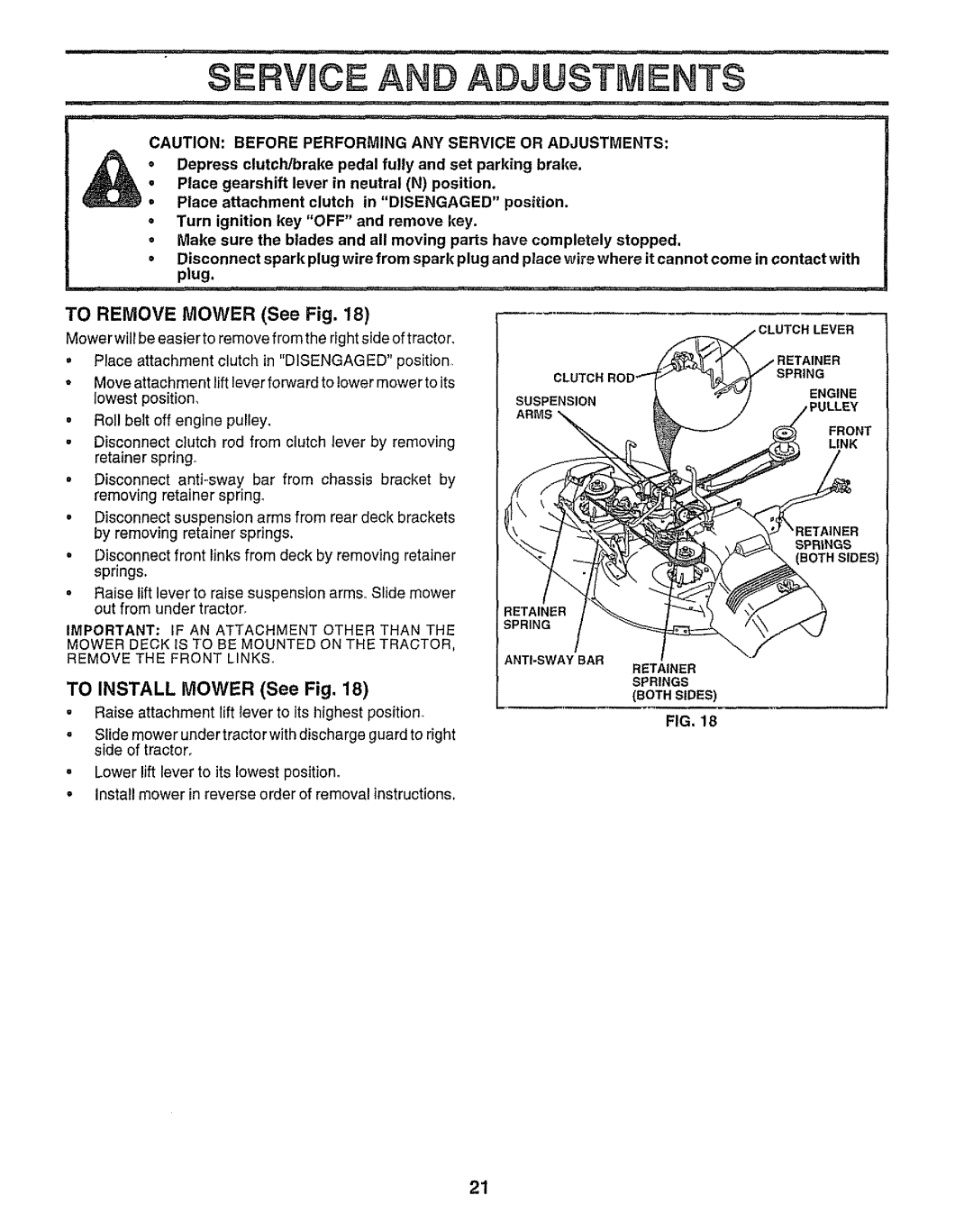 Sears 917.25958 manual Clutch, Lowest position, Suspension, To Install Mower See Fig, Retainer 