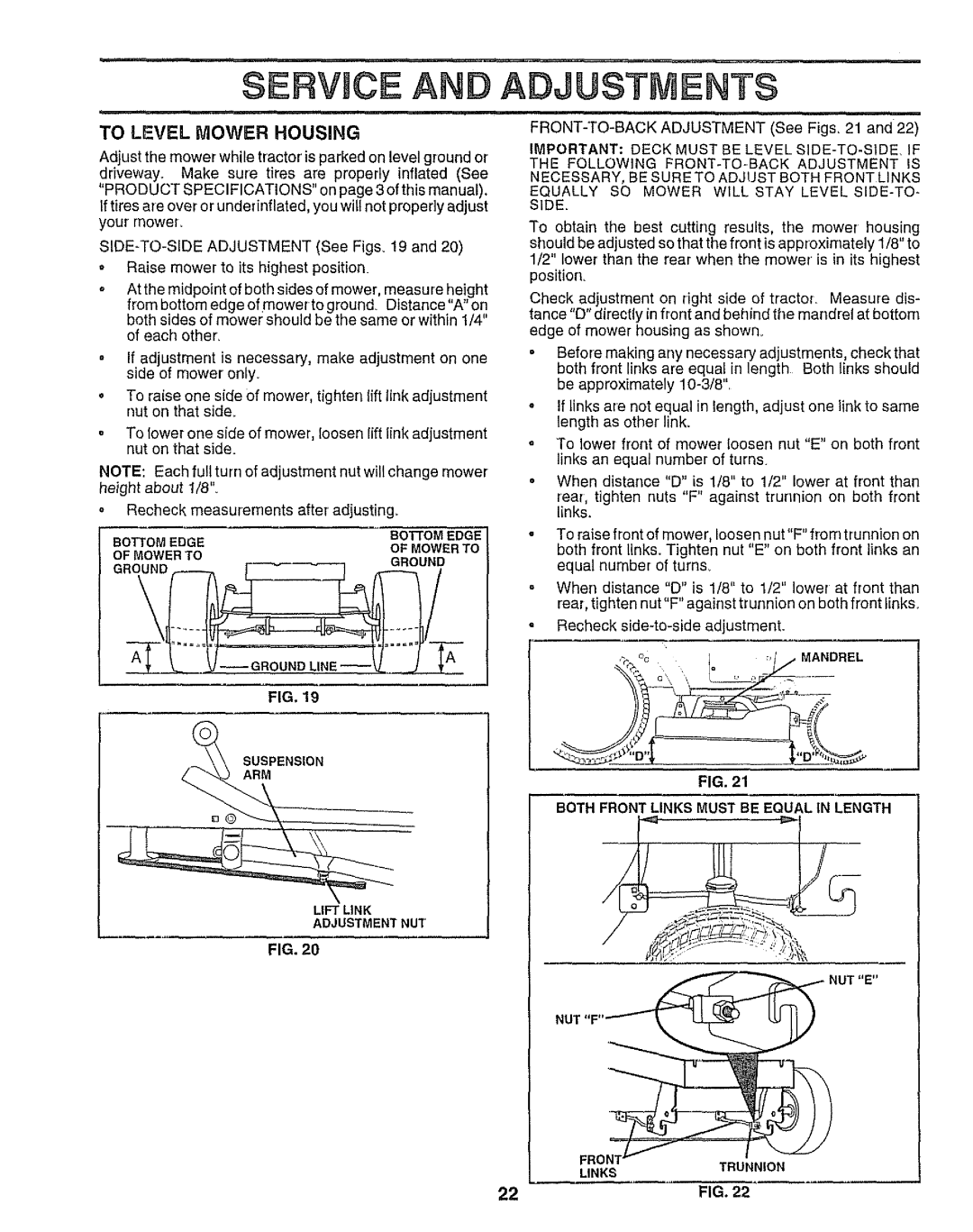 Sears 917.25958 manual $ERVJCE Adjustments, Recheck measurements After adjusting, Both Front Links Must be Equal in Length 