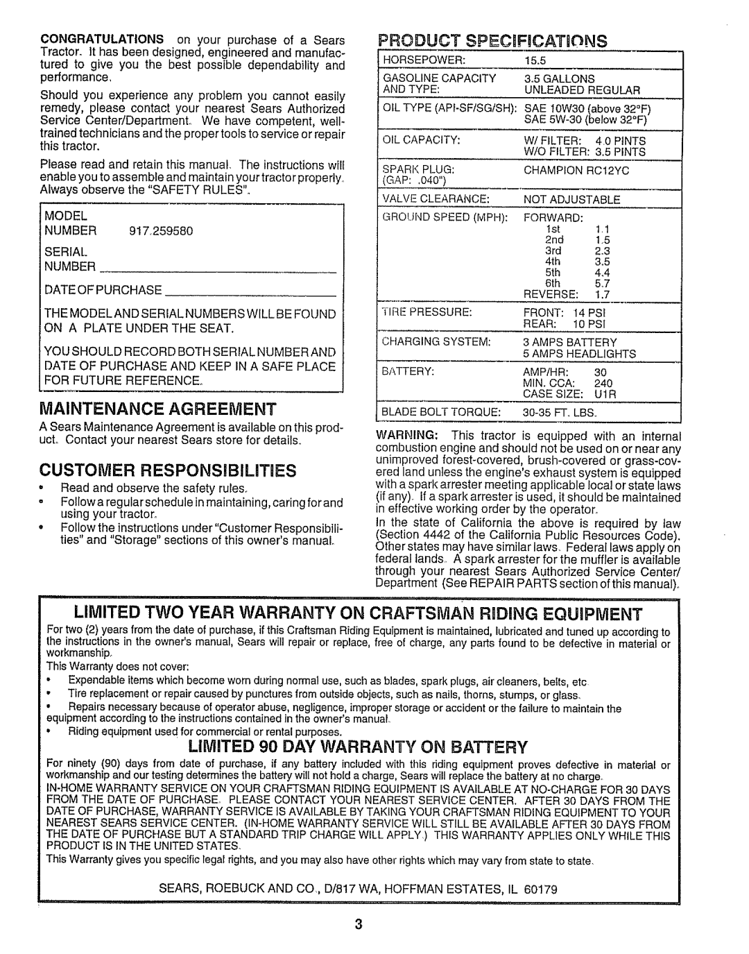 Sears 917.25958 manual Maintenance Agreement, Limited 90 DAY Warranty on Battery, Model 