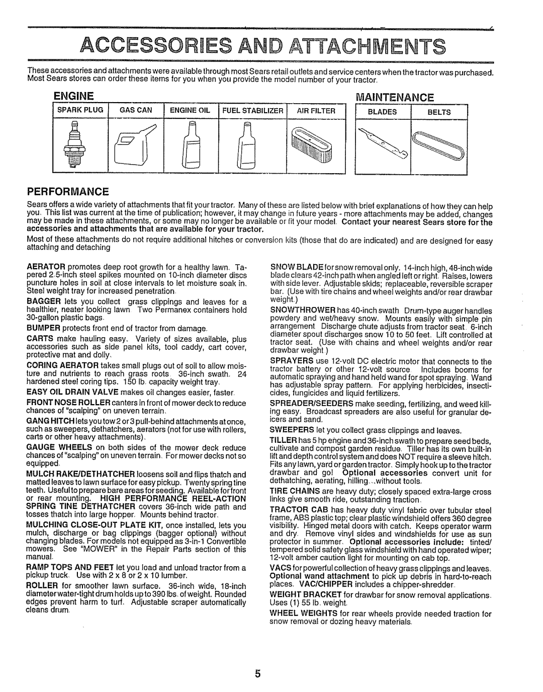 Sears 917.25958 manual ACCE$SORME$ and Attachments, Engine, Performance 