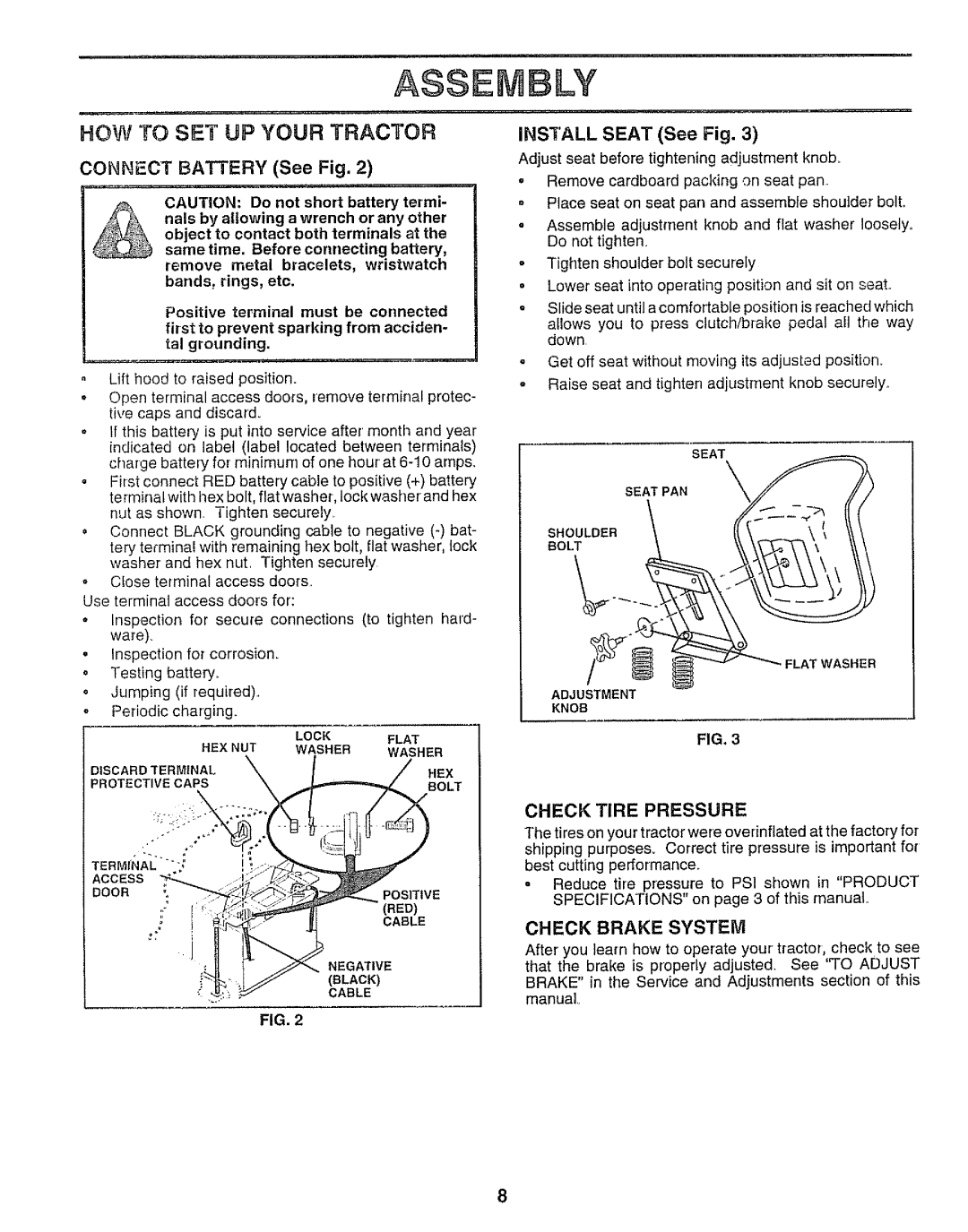 Sears 917.25958 HOW to SET UP Your Tractor, Positive terminal must be connected, Check Tire Pressure, Check Brake System 