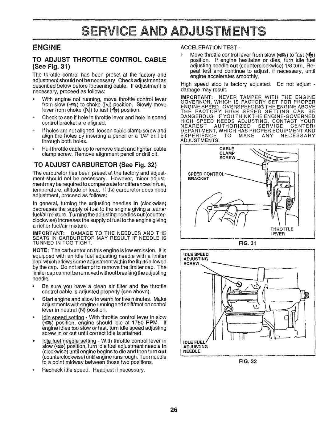 Sears 917.25958 manual Rv Ce And Adjustments, Screw, To Adjust Throttle Control Cable, Engine, See Fig 