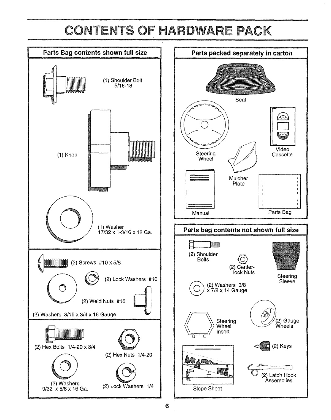 Sears 917.25958 manual Parts Bag contents shown full size, Parts packed separately in carton, Contents Of, Pack 