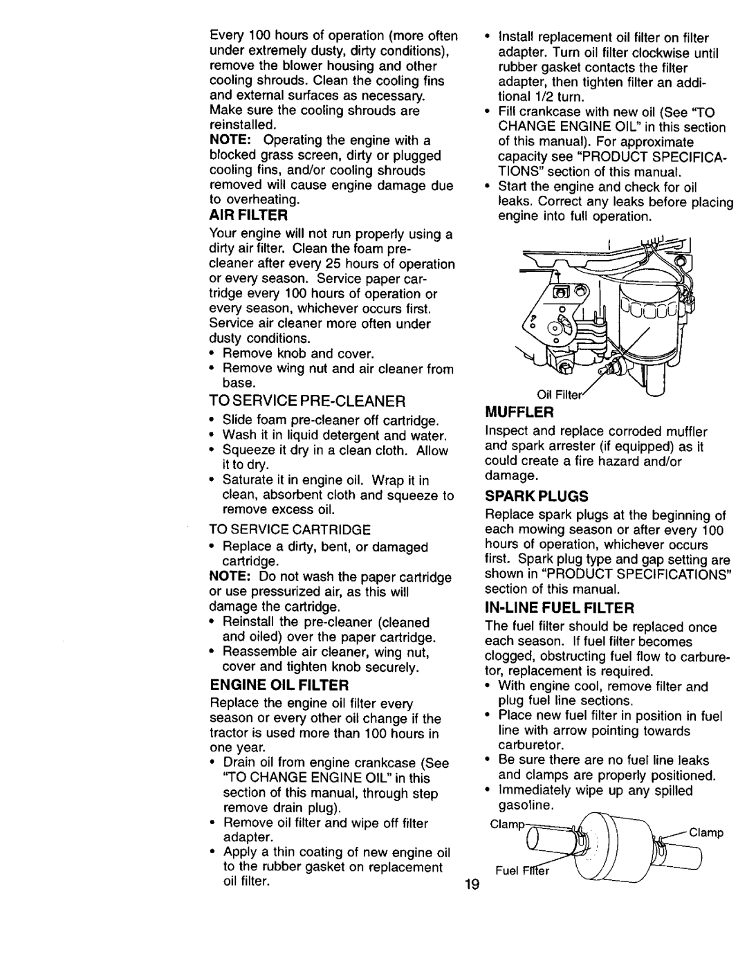 Sears 917.271051 owner manual Sparkplugs, IN-LINE Fuel Filter, Muffler, AIR Filter, Engine OIL Filter 