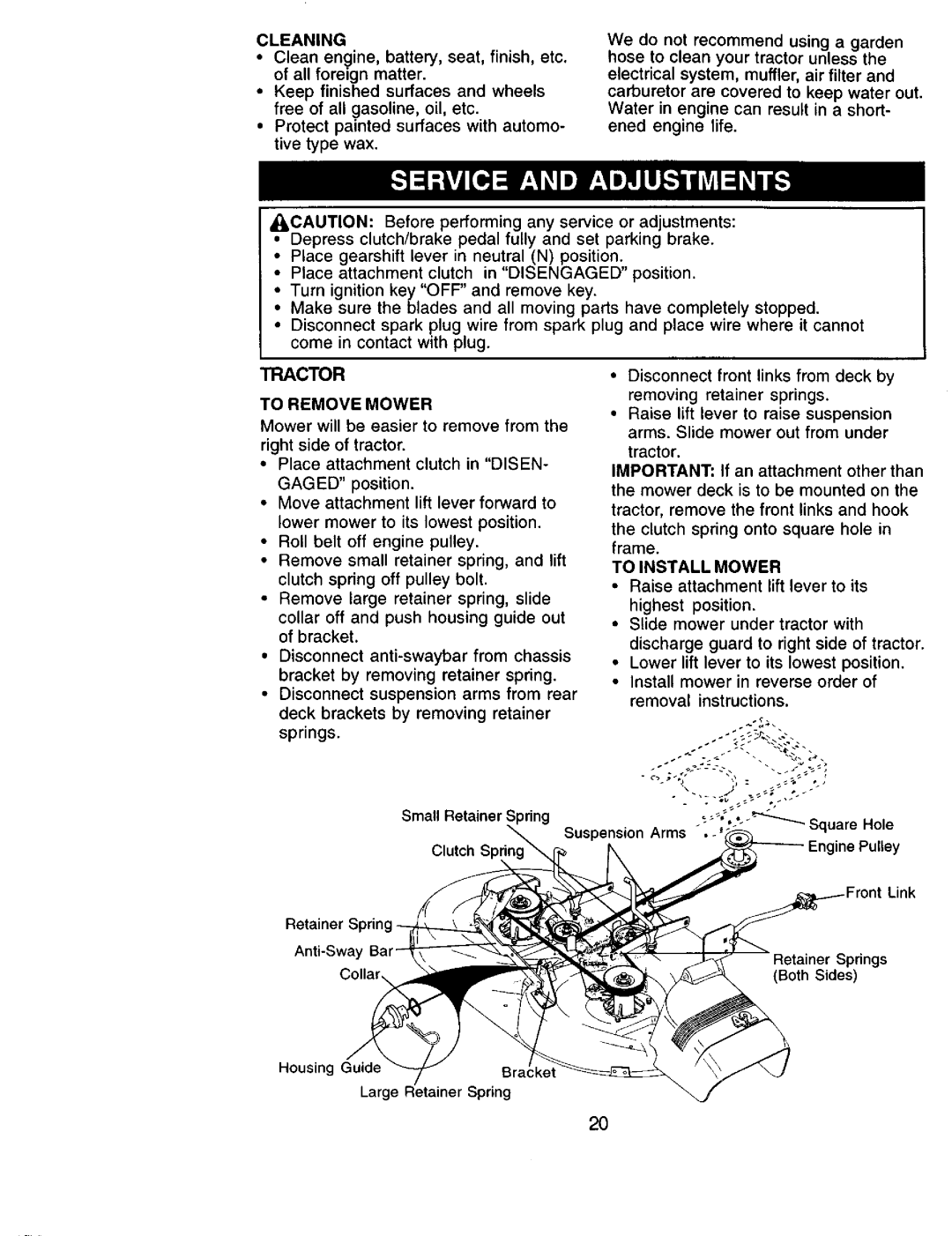 Sears 917.271051 owner manual Tractor, Cleaning, To Remove Mower, To Install Mower 