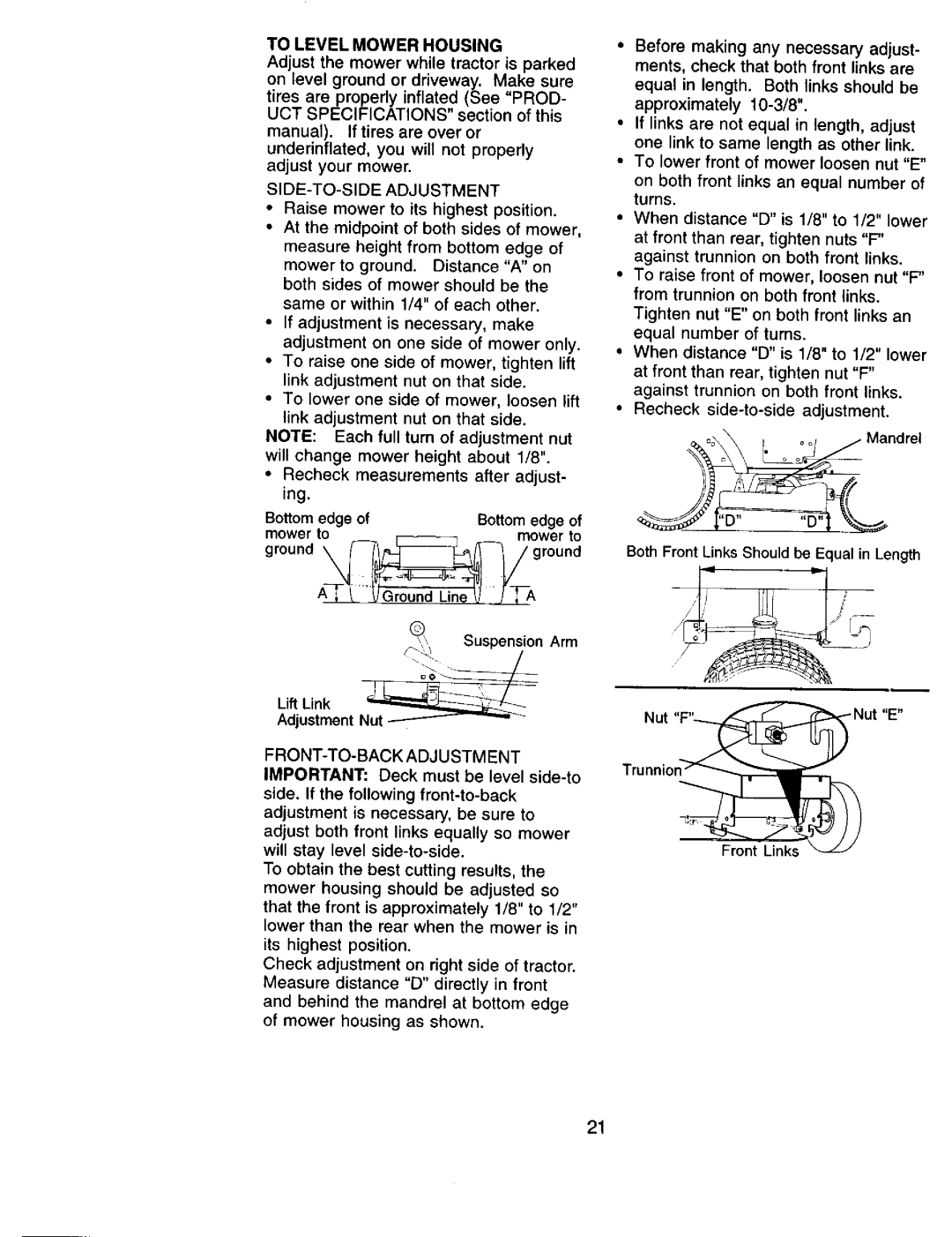 Sears 917.271051 owner manual To Level Mower Housing, SIDE-TO-SIDE Adjustment 