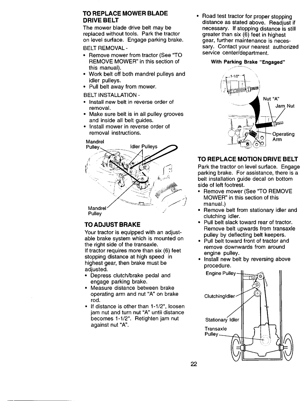 Sears 917.271051 owner manual To Adjust Brake, To Replace Motion Drive Belt, Belt Removal, Belt Installation 