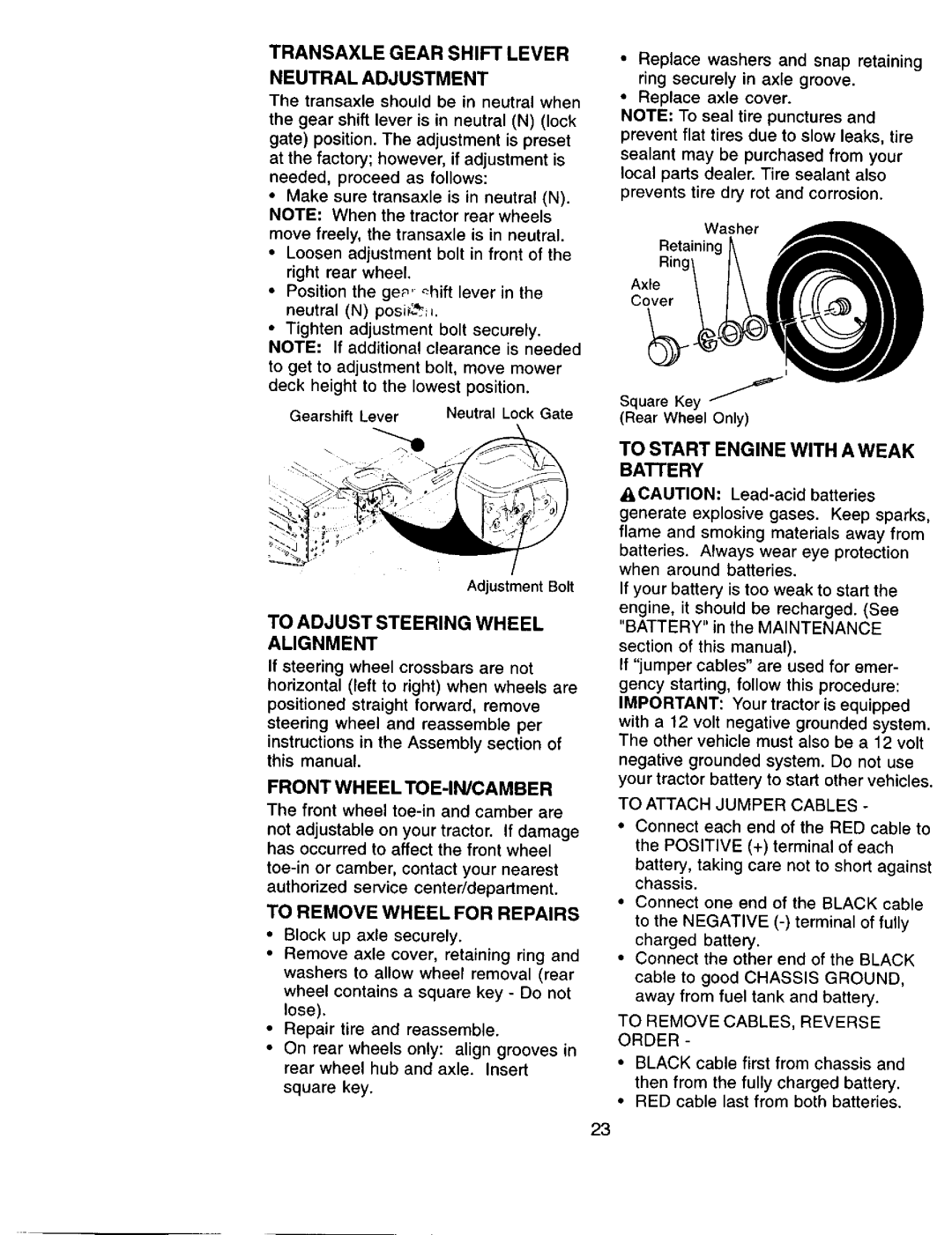 Sears 917.271051 owner manual Transaxlegearshiftlever, To Adjust Steering Wheel Alignment, Front Wheel TOE-IN/CAMBER 