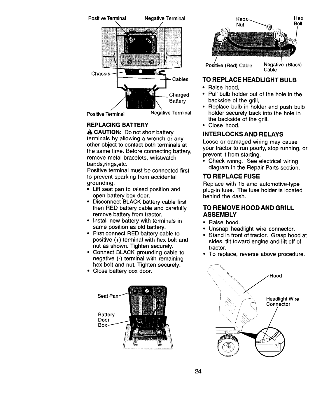 Sears 917.271051 To Replace Headlight Bulb, Interlocks and Relays, To Replace Fuse, To Remove Hoodand Grill Assembly 