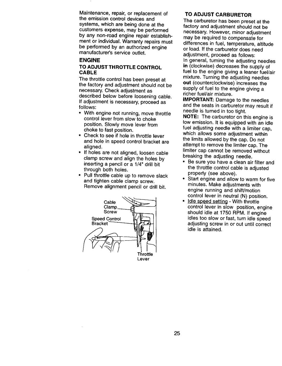 Sears 917.271051 owner manual Engine, To Adjust Throttle Control, Cable, To Adjust Carburetor 