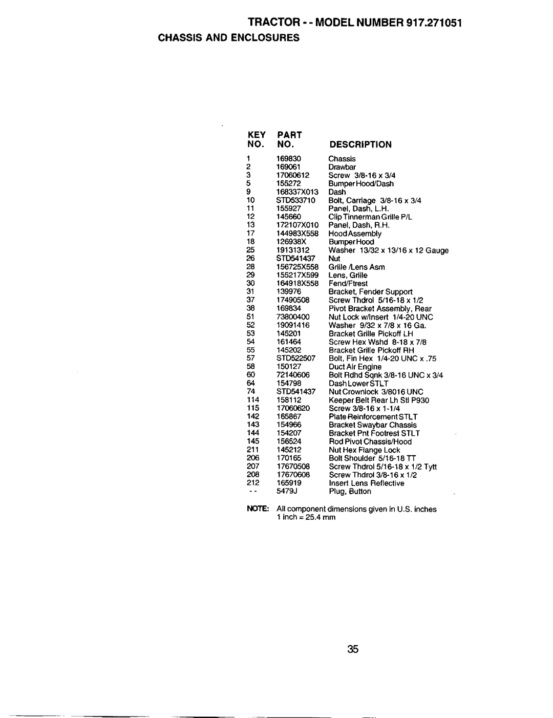 Sears 917.271051 owner manual Tractor - Model Number Chassis and Enclosures, KEY Part Description 