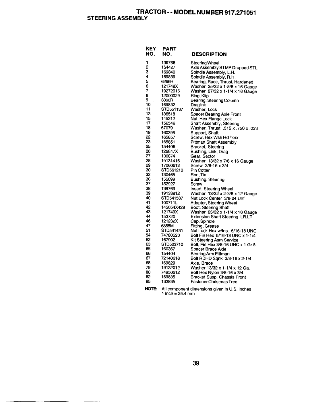 Sears 917.271051 owner manual Tractor - Model Number Steering Assembly, KEY Part NO. NO.DESCRIPTION 