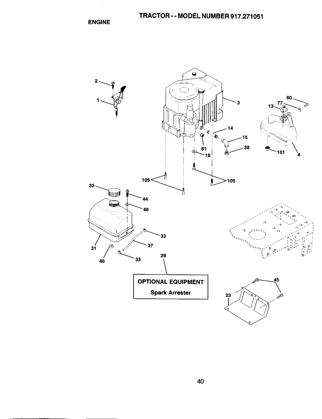Sears 917.271051 owner manual Tractor - Model Number Engine, 40t, Optional Equipment, Spark Arrester 