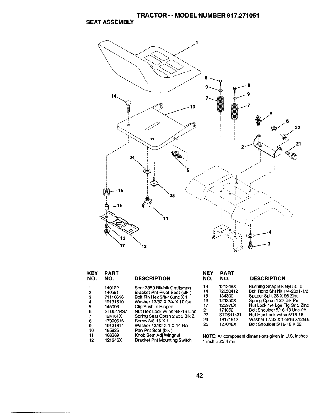 Sears 917.271051 owner manual Tractor - Model Number Seat Assembly 