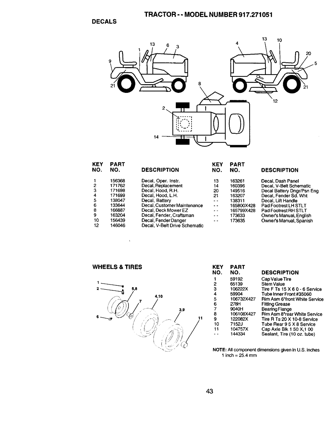 Sears 917.271051 owner manual Tractor --MODEL Number Decals, Wheels & Tires 