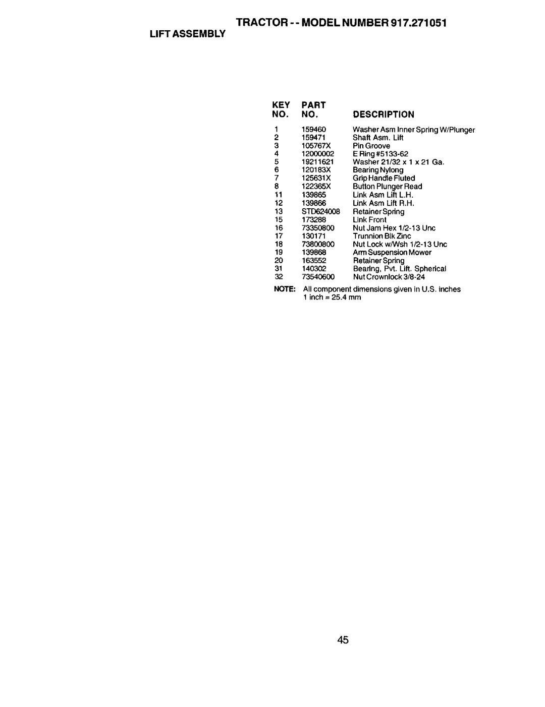 Sears 917.271051 owner manual KEY Part NO. NO,DESCRIPTION, Shaft Asm. Lift 105767X PinGroove 