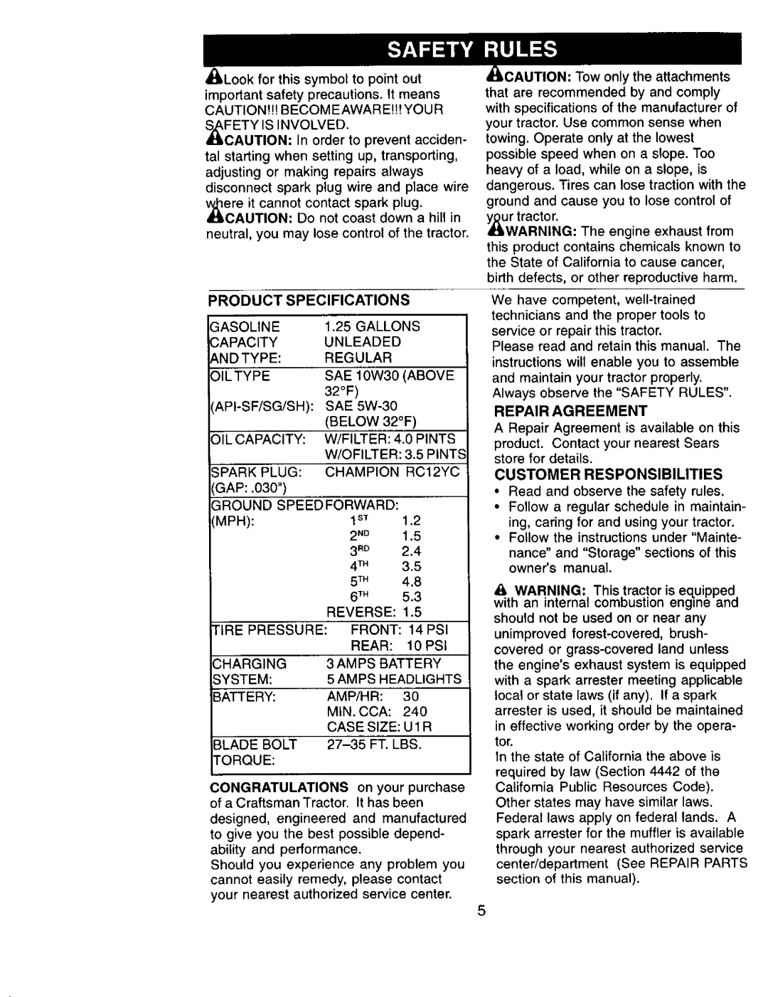 Sears 917.271051 owner manual Product Specifications, 3ROUND, Repair Agreement 