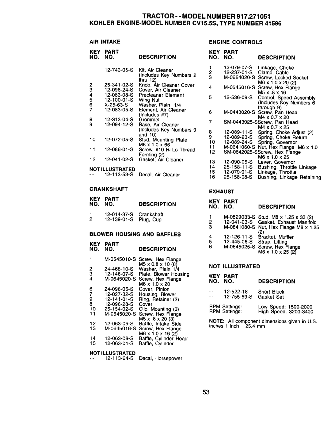 Sears 917.271051 AIR Intake KEY Part Description, Crankshaft KEY Part Description, Exhaust KEY Part Description 