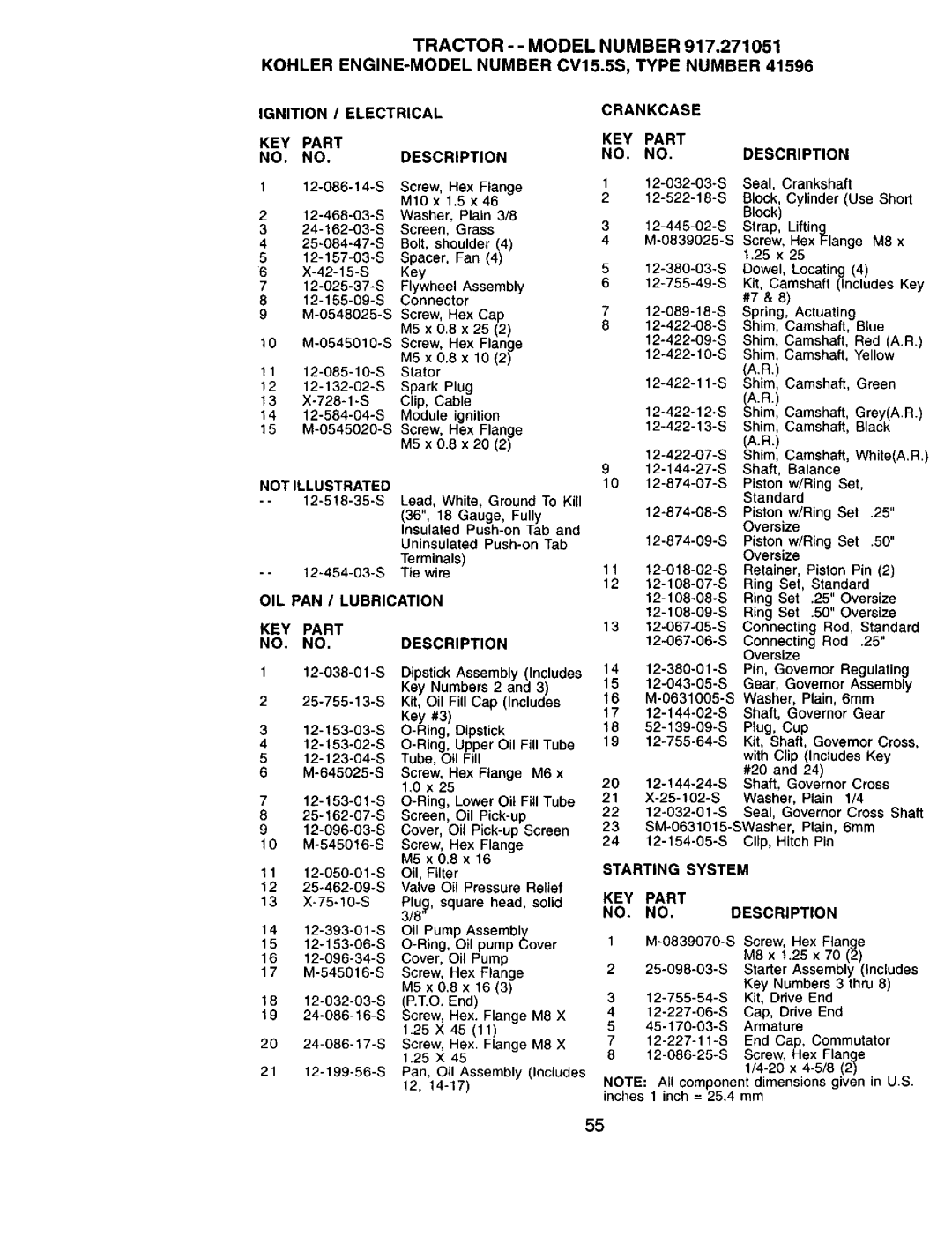 Sears 917.271051 Ignition ! Electrical Crankcase KEY Part Description, OIL PAN / Lubrication KEY Part Description 