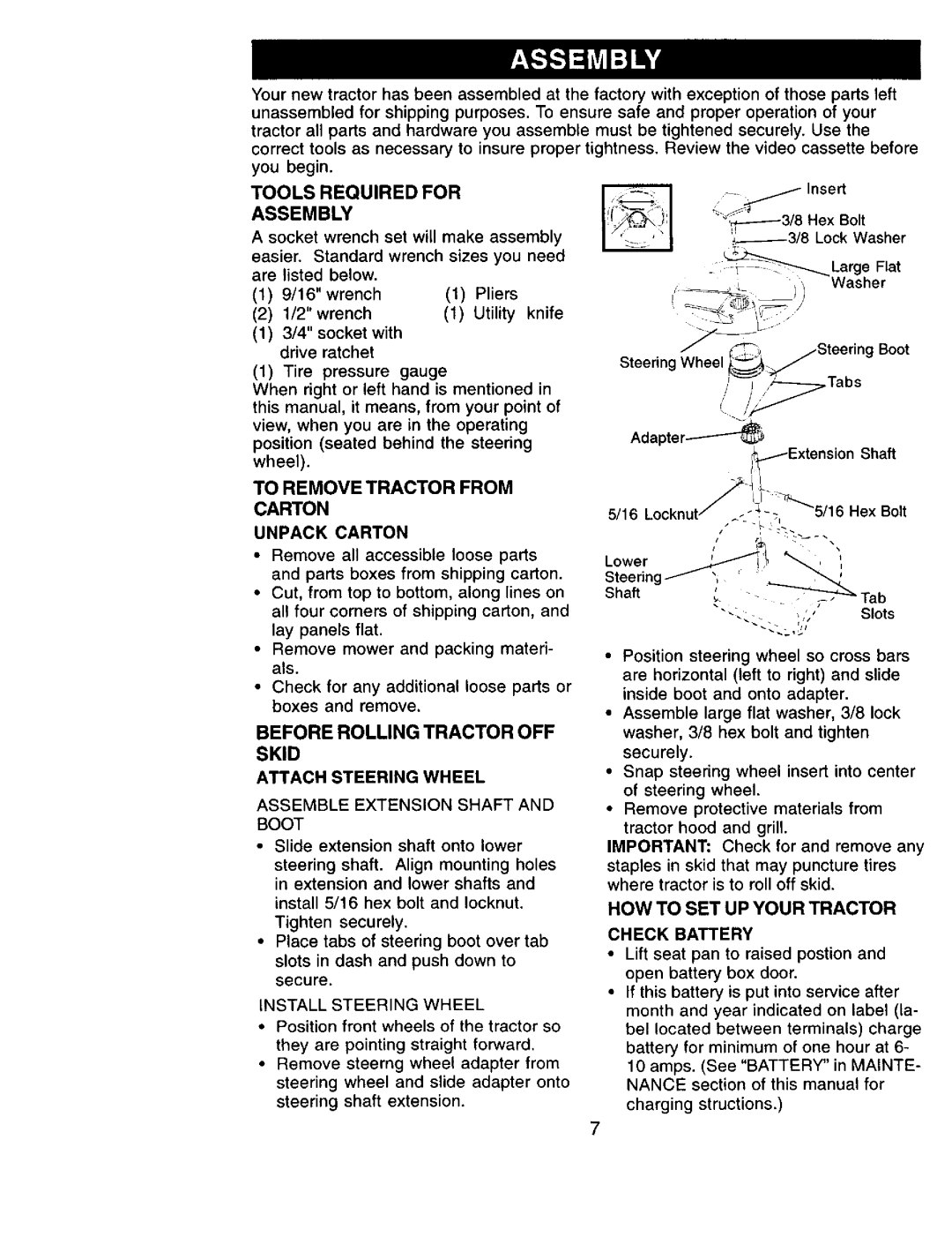 Sears 917.271051 To Remove Tractor from Carton, Before Rolling Tractor OFF Skid, Unpack Carton, HOW to SET UP Your Tractor 