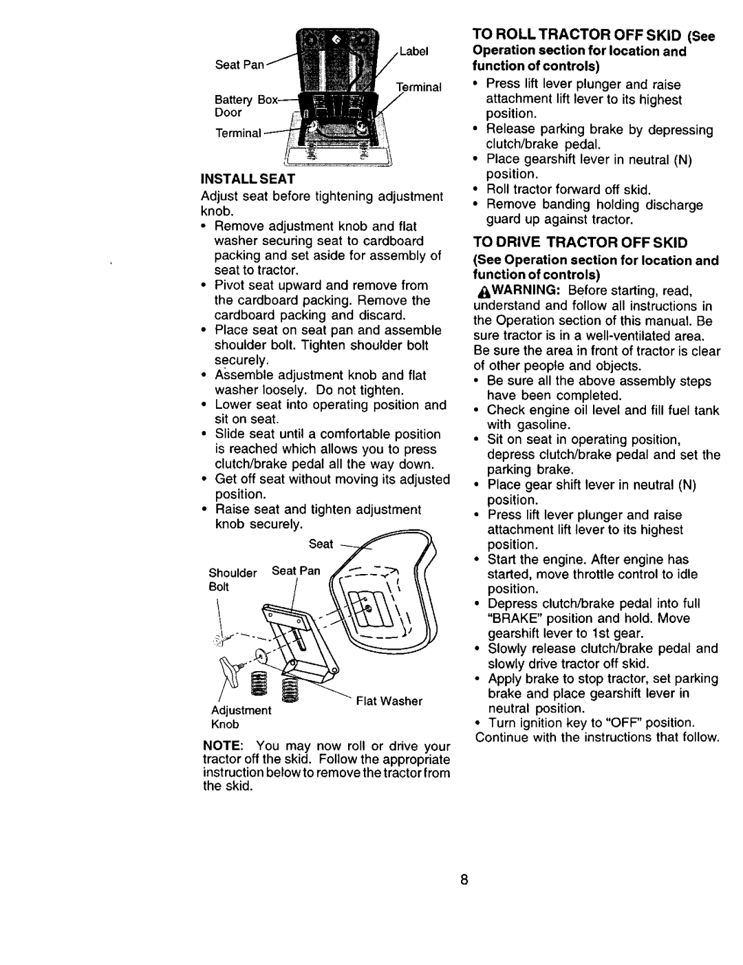 Sears 917.271051 Install Seat, To Drive Tractor OFF Skid, See Operation section for location Function of controls 