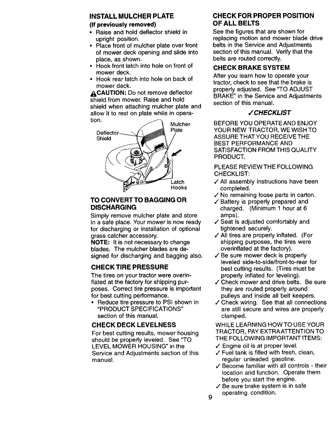 Sears 917.271051 owner manual Install Mulcher Plate, Check for Proper Position of ALL Belts 