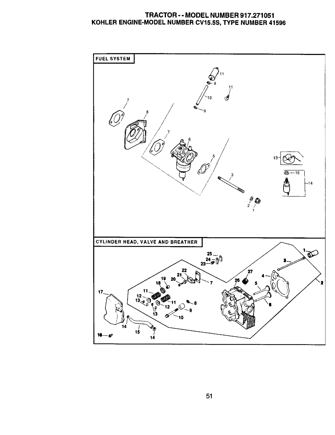 Sears 917.271051 owner manual FUEL SYSTEM 7, CYLINDER HEAD, VALVE AND BREATHER 25__ 
