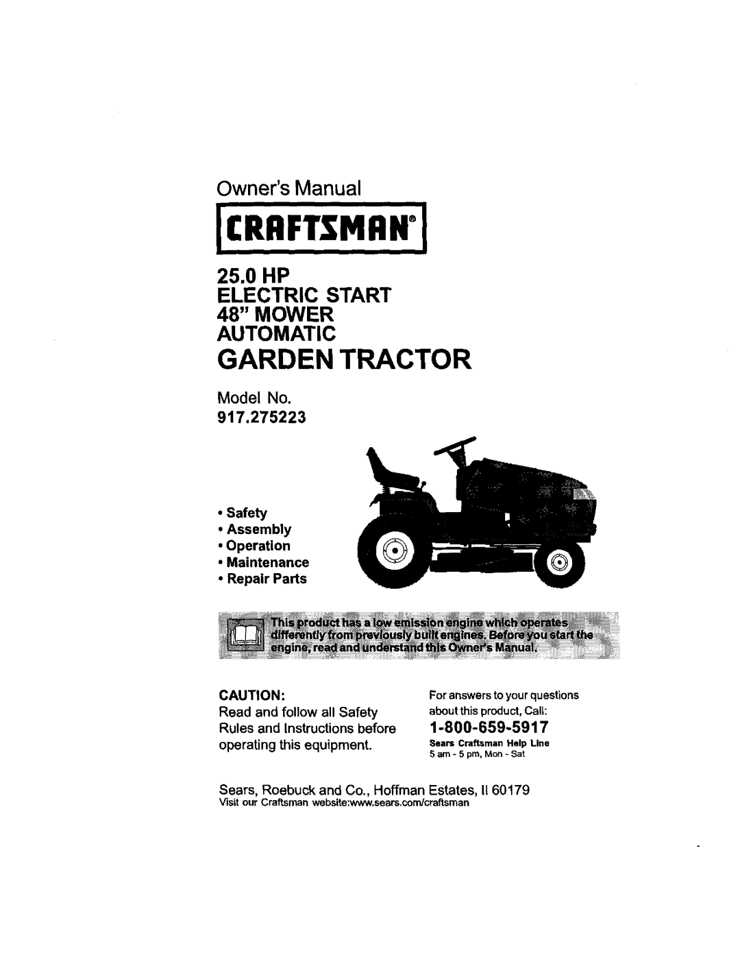 Sears 917.275223 owner manual Garden Tractor 