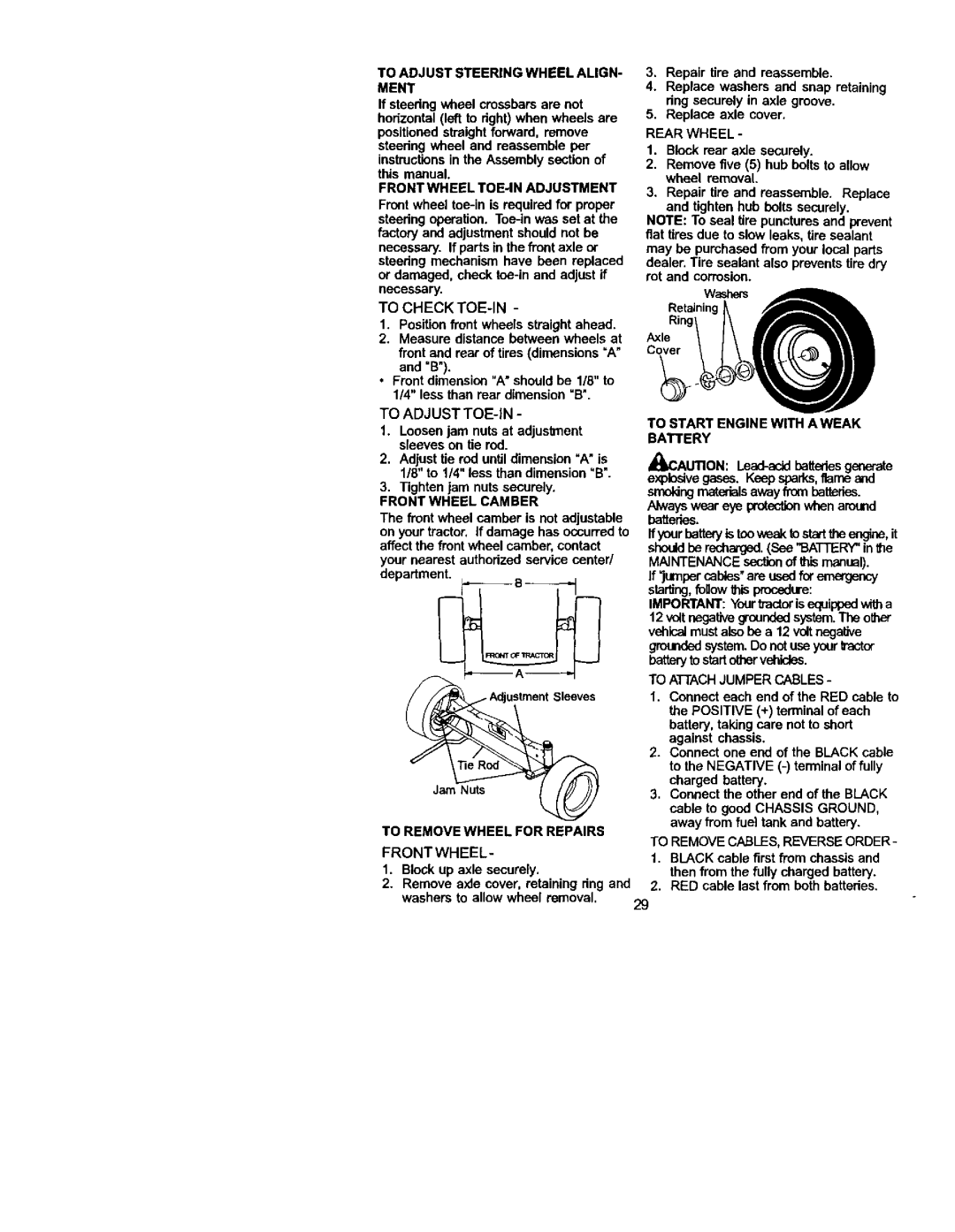 Sears 917.275223 To Adjust Steering Wheel ALIGN- Ment, Front Wheel TOE-IN Adjustment, Rear Wheel, To Check TOE-IN, Battery 