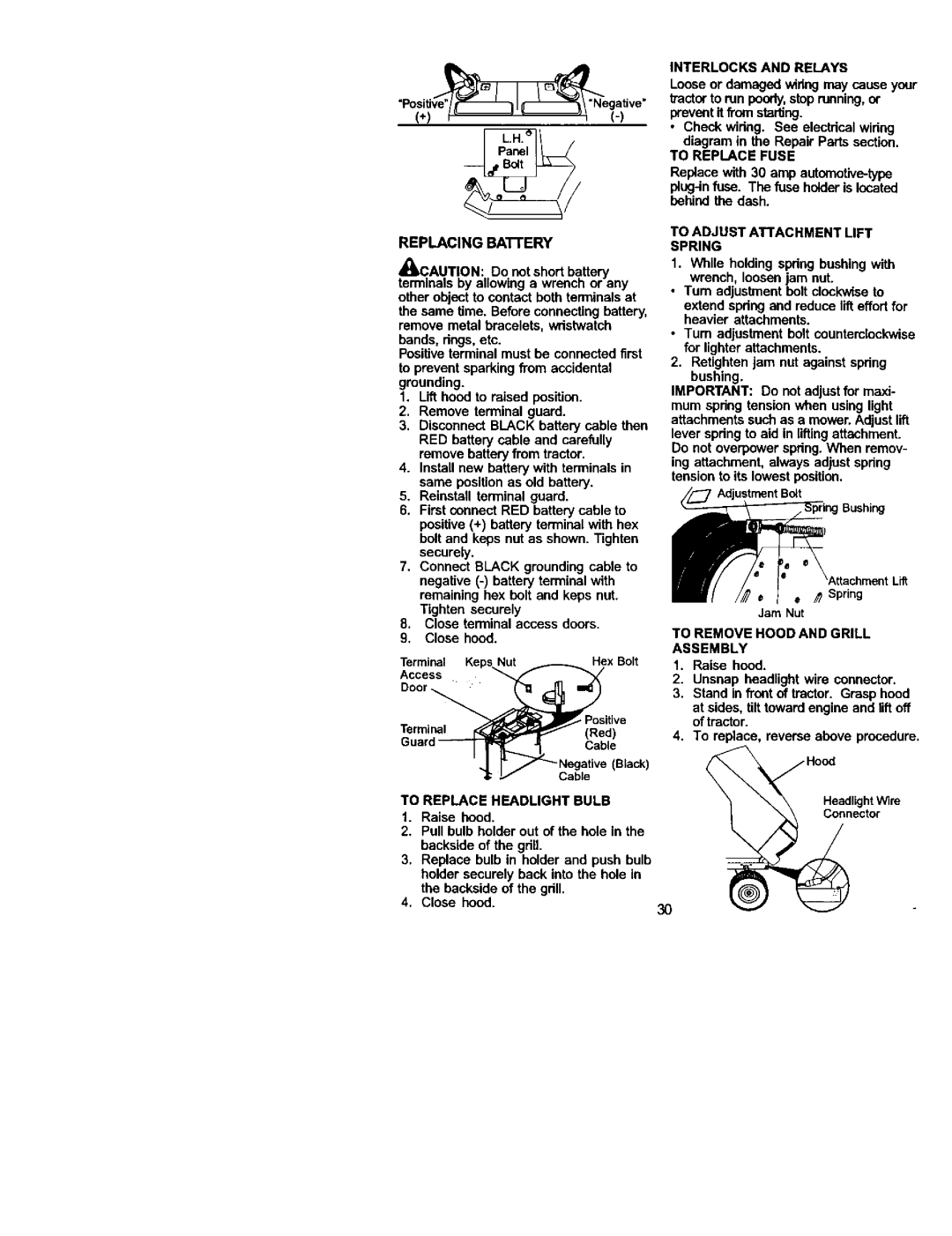 Sears 917.275223 owner manual To Replace Fuse, To Replace Headlight Bulb, To Adjust Attachment Lift Spring 