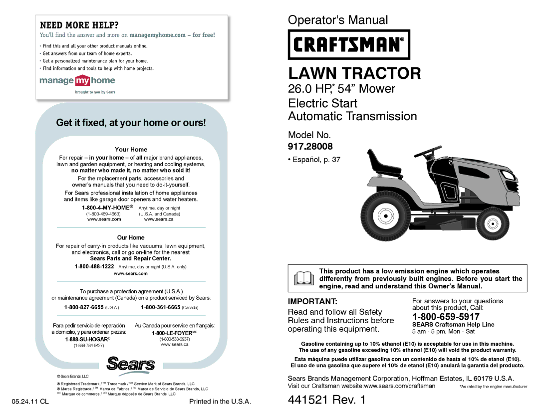 Sears 917.28008 manual Sears Craftsman Help Line, Am 5 pm, Mon Sat 