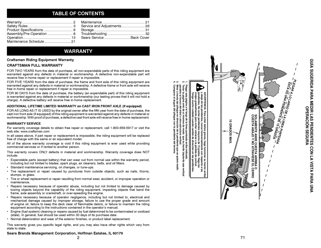 Sears 917.28008 manual Table of Contents, Warranty 