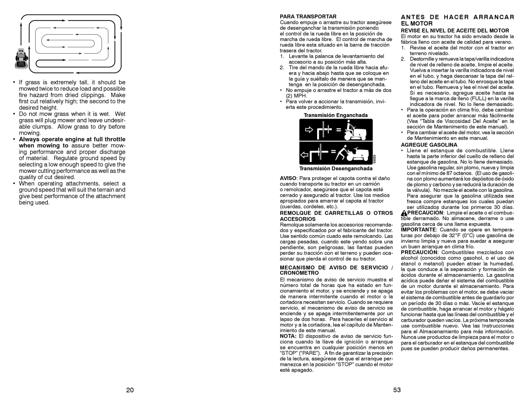 Sears 917.28008 manual Antes DE Hacer Arrancar EL Motor, Para Transportar, Remolque DE Carretillas O Otros Accesorios 