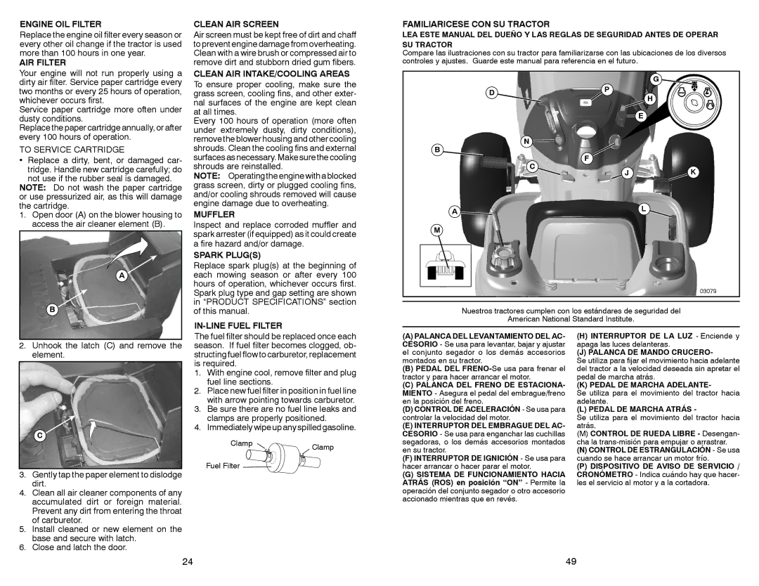 Sears 917.28008 manual Engine OIL Filter, AIR Filter Clean AIR Screen, Familiaricese CON SU Tractor, Muffler, Spark Plugs 