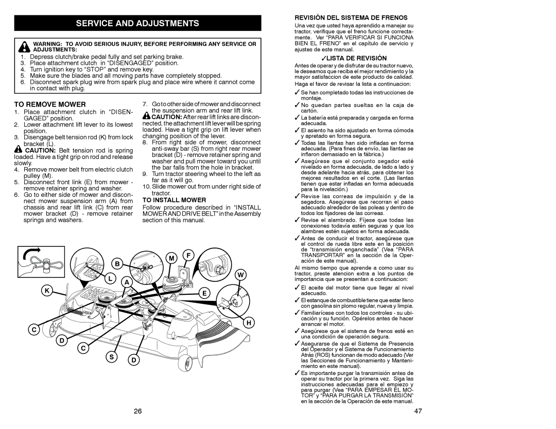 Sears 917.28008 manual Service and Adjustments, To Remove Mower, Revisión DEL Sistema DE Frenos, Lista DE Revisión 