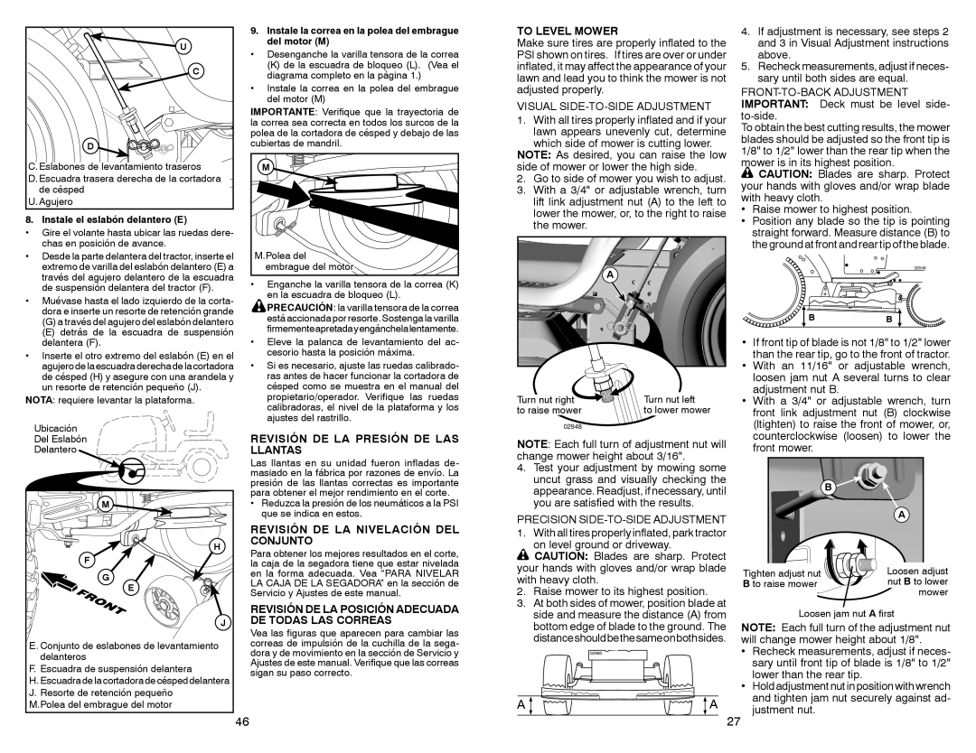 Sears 917.28008 manual Revisión DE LA Presión DE LAS Llantas, Revisión DE LA Nivelación DEL Conjunto, To Level Mower 