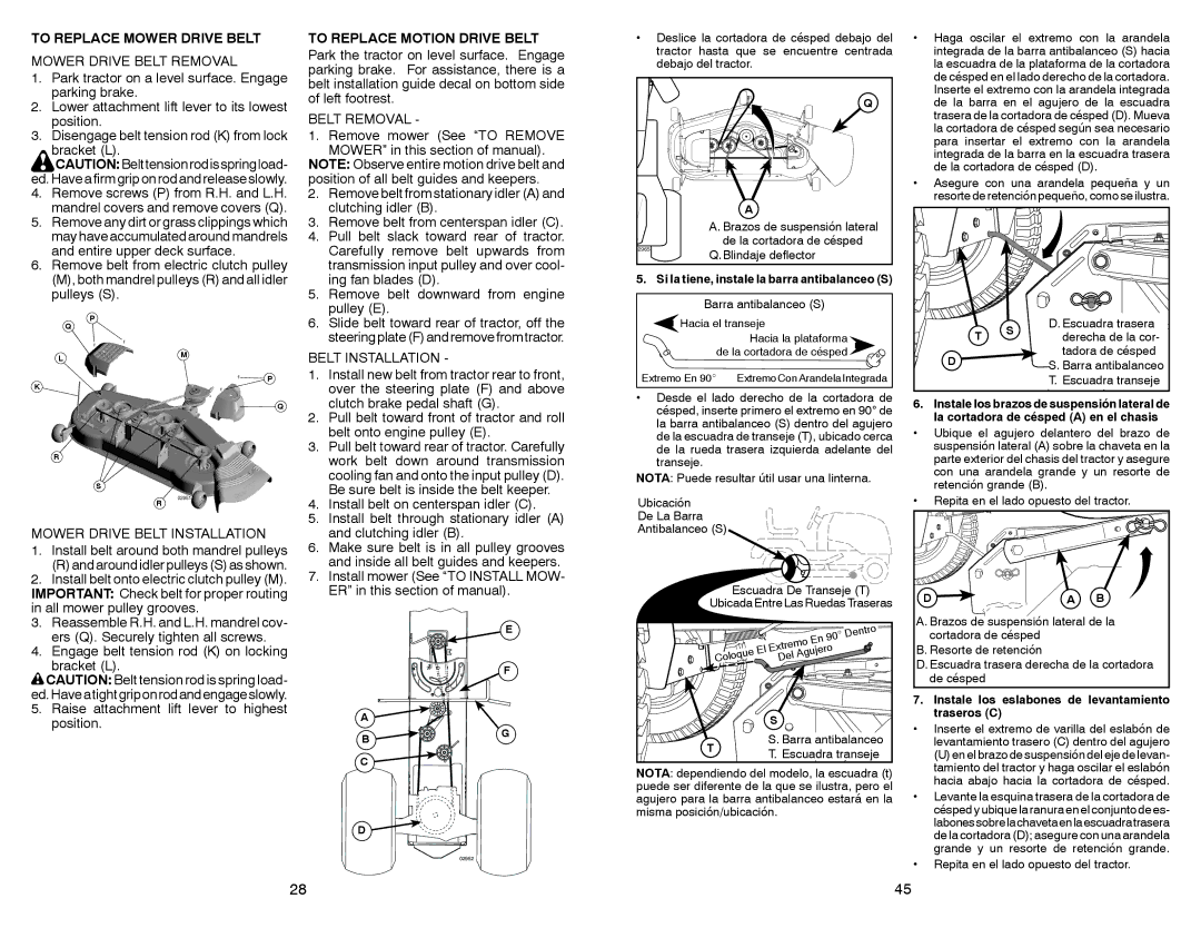 Sears 917.28008 manual To Replace Mower Drive Belt, To Replace Motion Drive Belt 