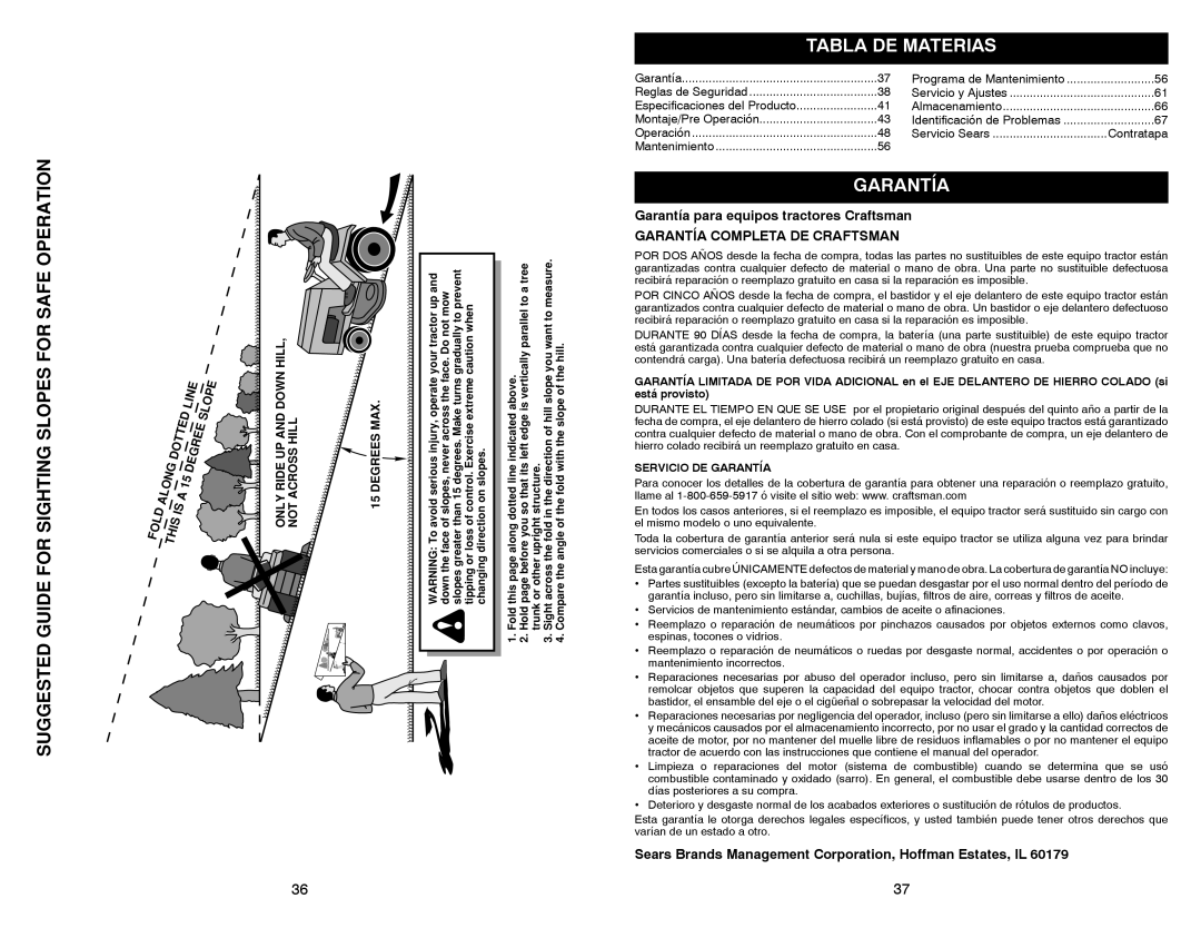 Sears 917.28008 manual Tabla DE Materias, Garantía para equipos tractores Craftsman, Garantía Completa DE Craftsman 