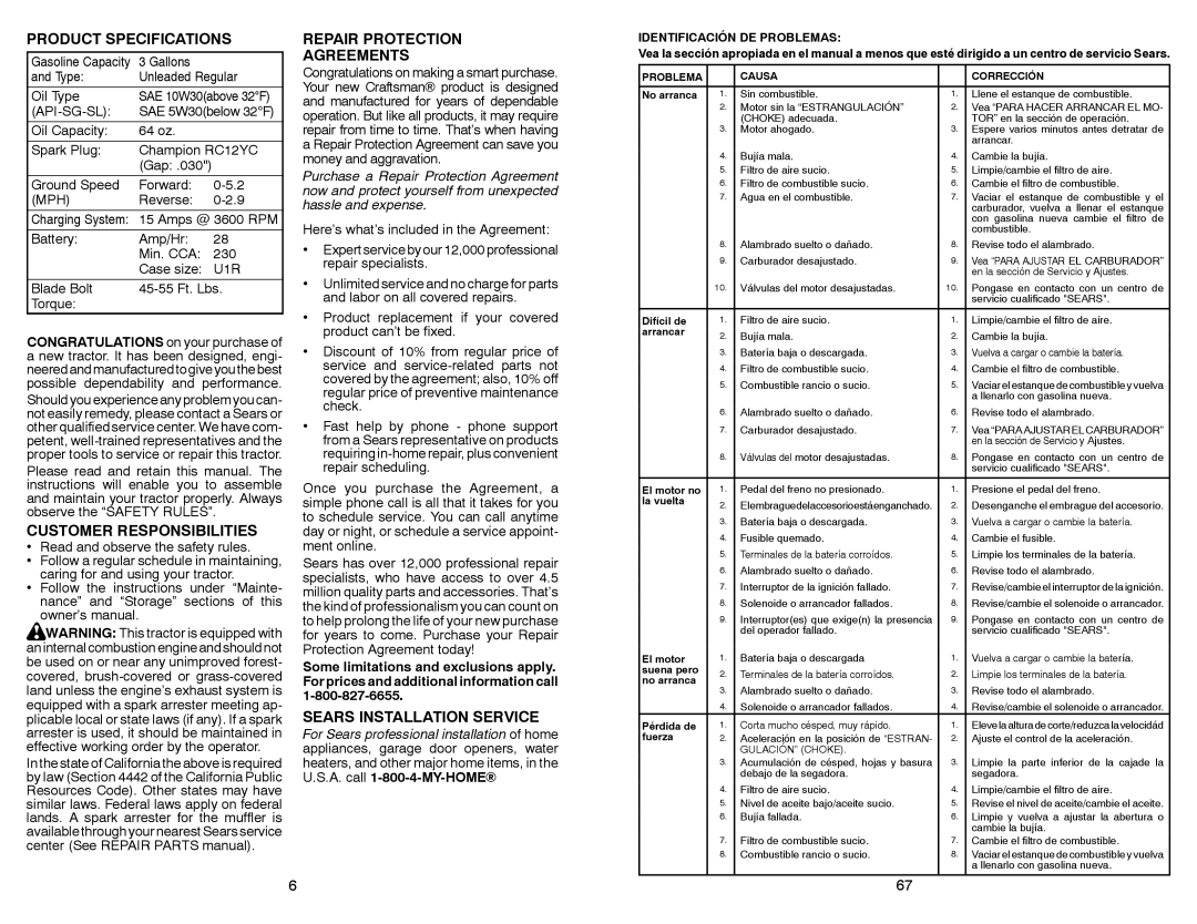 Sears 917.28008 Product Specifications, Customer Responsibilities, Repair Protection Agreements, A. call 1-800-4-MY-HOME 