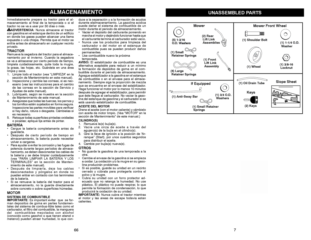 Sears 917.28008 manual Unassembled Parts, Tractor, Batería, Motor, Otros 