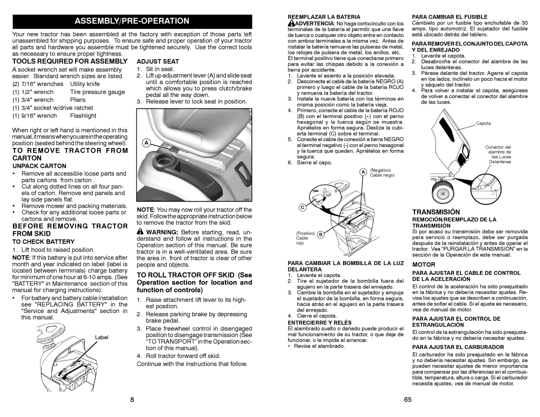 Sears 917.28008 manual Assembly/Pre-Operation, Tools Required for Assembly, To Remove Tractor from Carton, Transmisión 