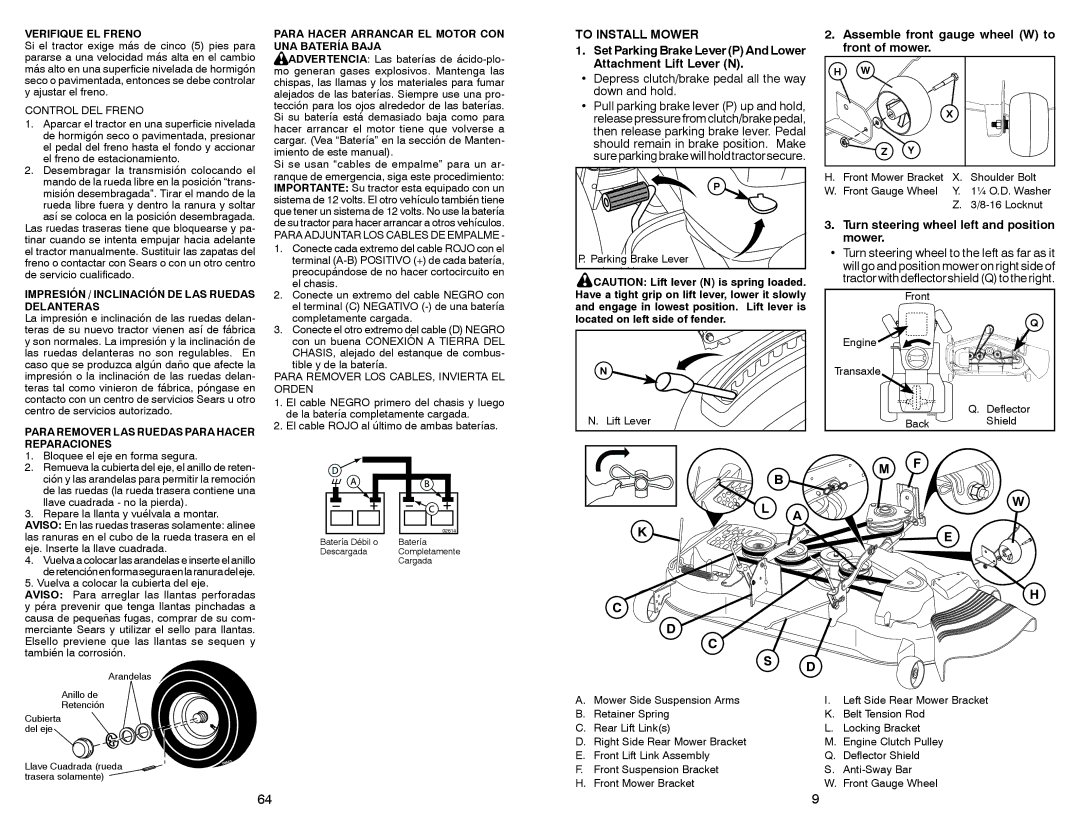 Sears 917.28008 manual To Install Mower, Set Parking Brake Lever P And Lower Attachment Lift Lever N 