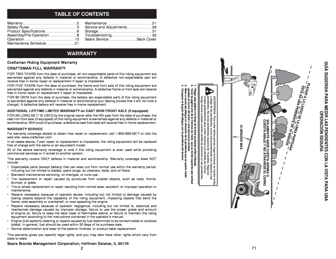 Sears 917.28008 manual Table Of Contents, Craftsman Riding Equipment Warranty, Craftsman Full Warranty 